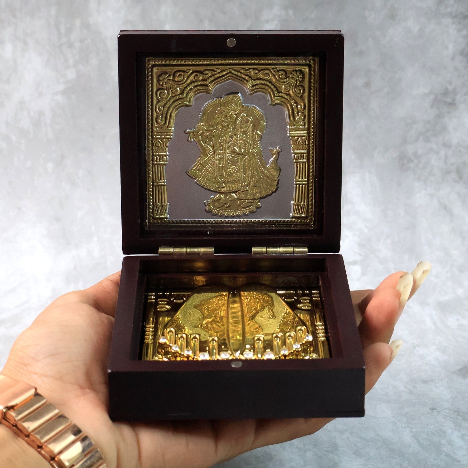 Golden Charan Paduka in Wooden Box – Spiritual Gift & Pooja Accessory signaturekarts