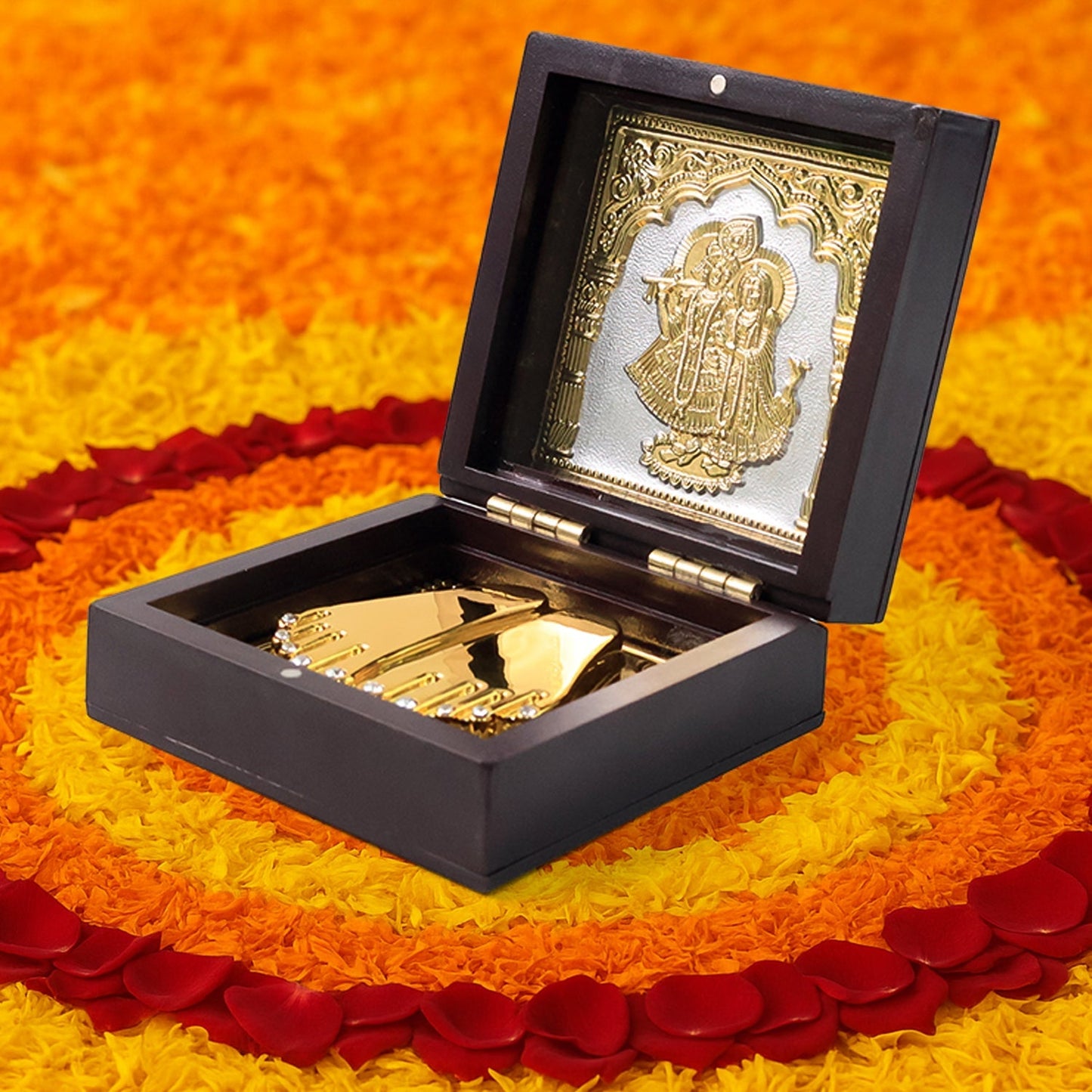 Golden Charan Paduka in Wooden Box – Spiritual Gift & Pooja Accessory signaturekarts