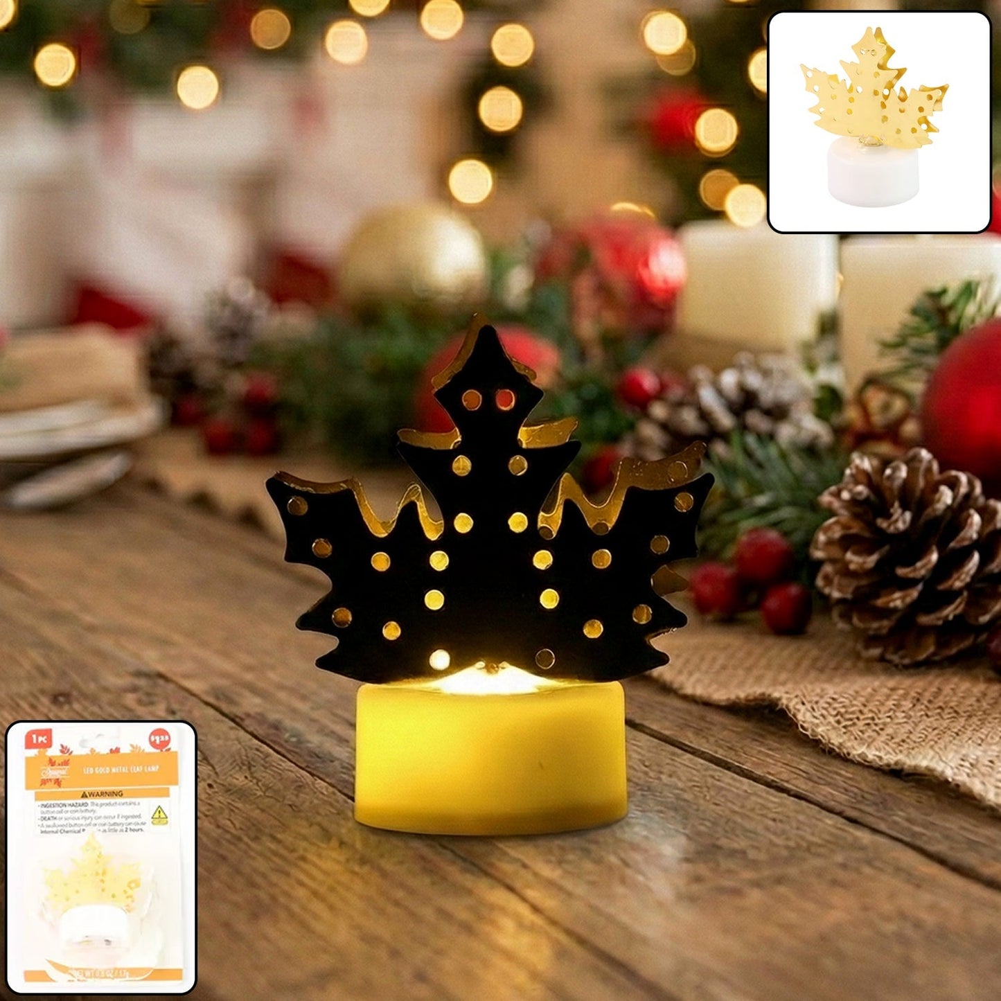 Christmas Decorative LED Gold Metal Leaf Diya Lamp, Diwali (1 Pc) Signature Kart