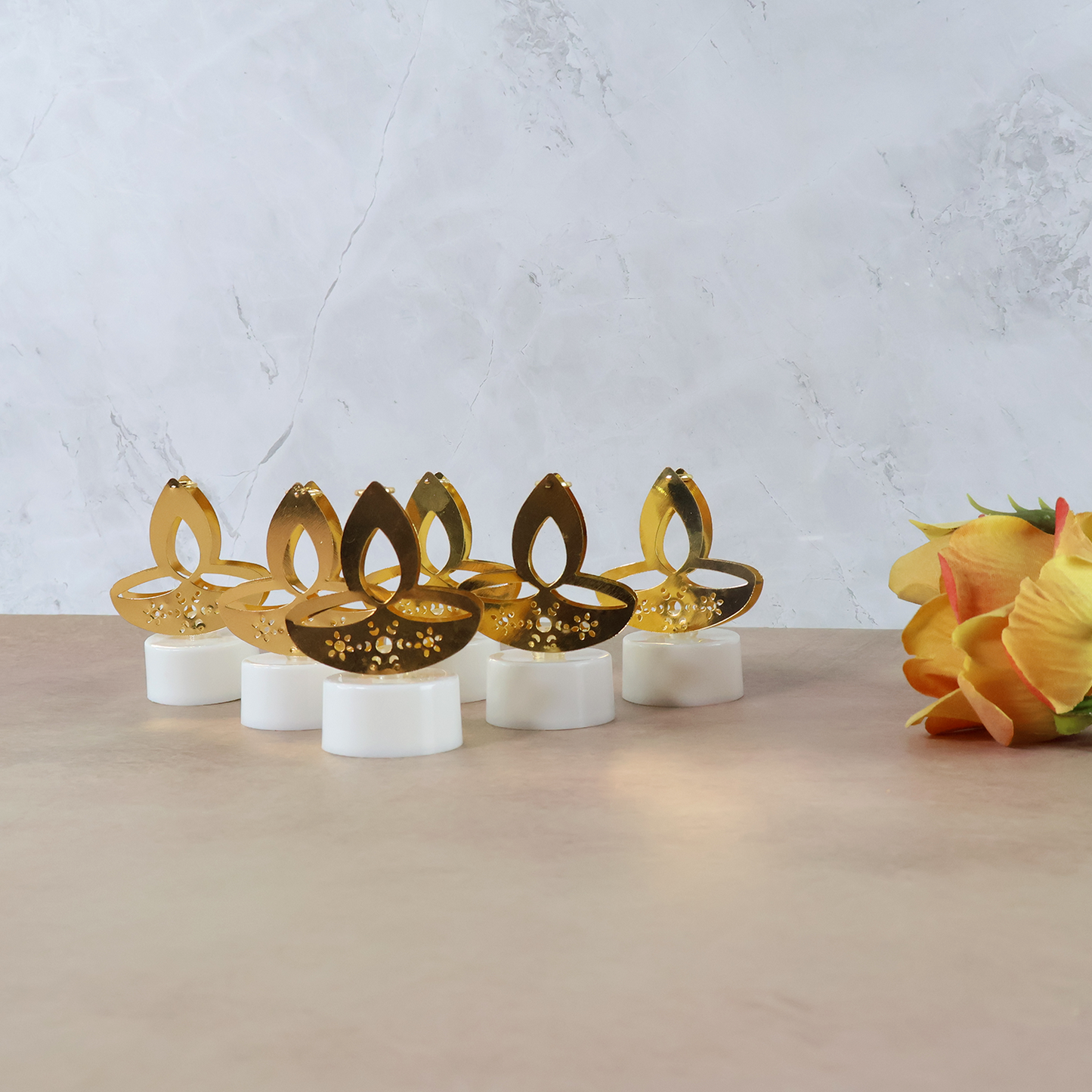 Golden Diya Shaped LED Tealight Candles (6 Pc) signaturekarts