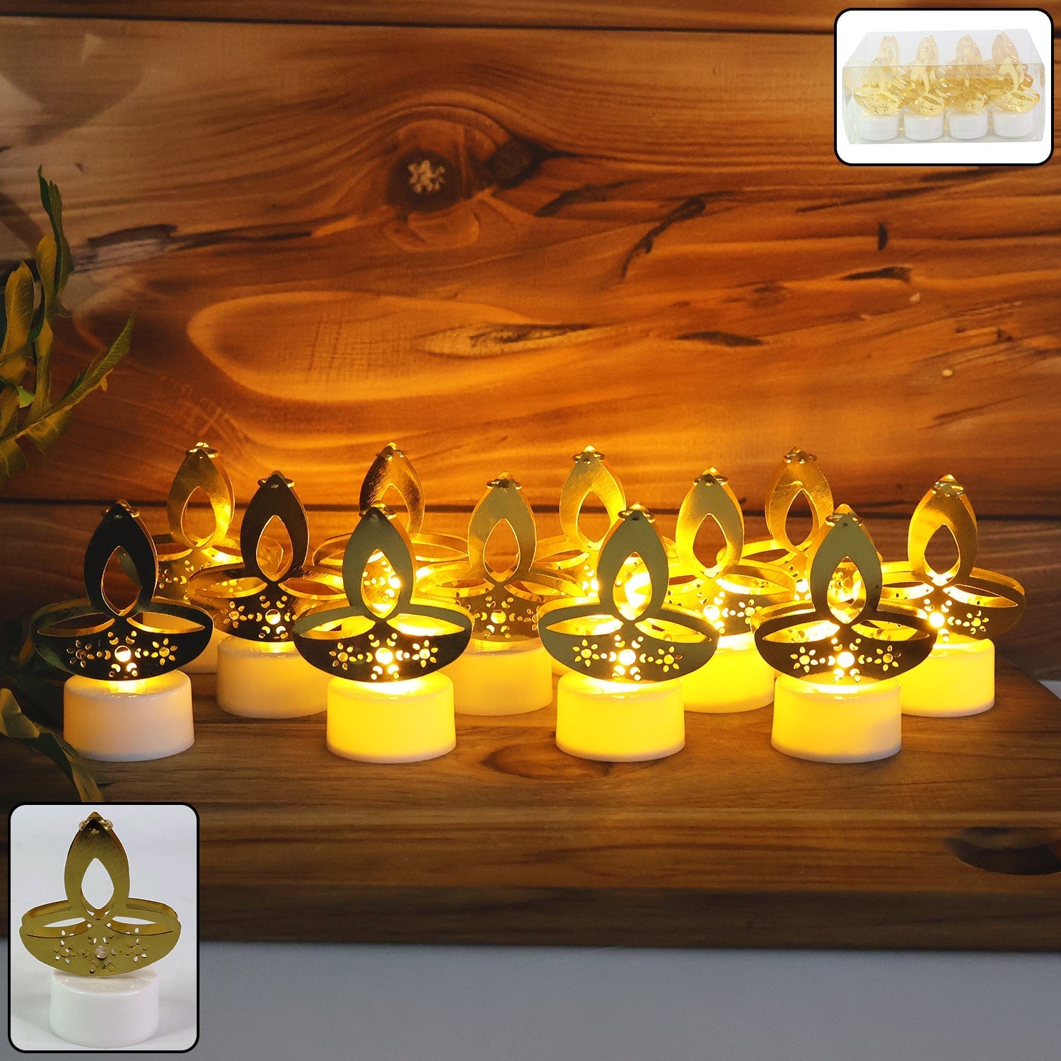 Golden Diya Shaped LED Tealight Candles (12 Pc) signaturekarts