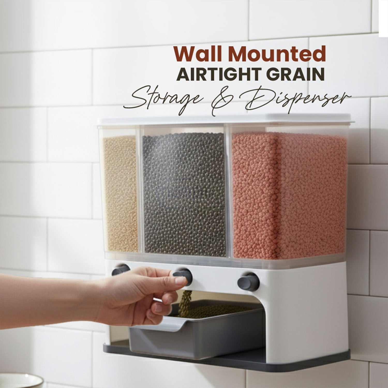 Easy Flow Cereal Dispenser for Kitchen 3 in 1 Push Button Wall Mount Container Your Brand