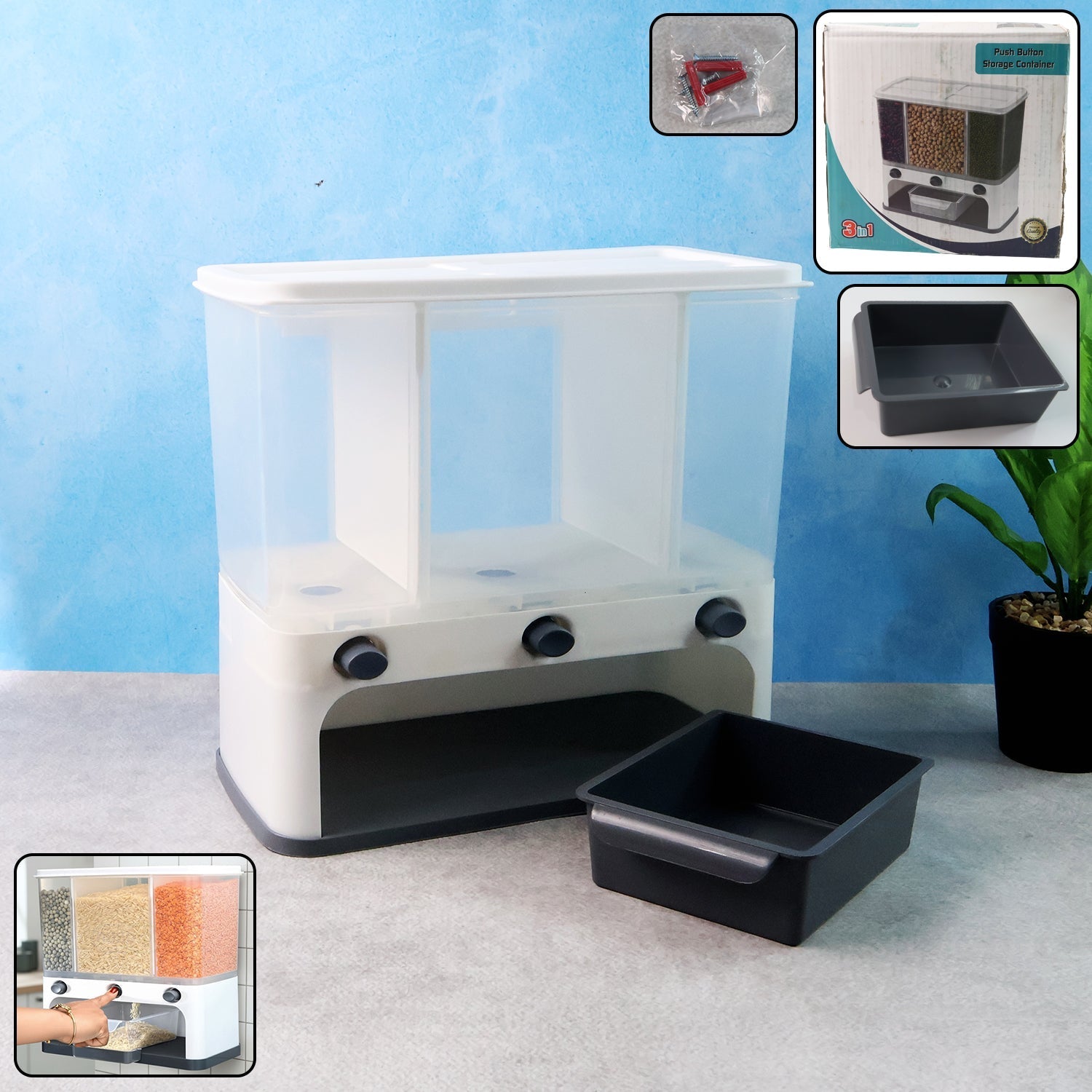 Easy Flow Cereal Dispenser for Kitchen 3 in 1 Push Button Wall Mount Container Your Brand