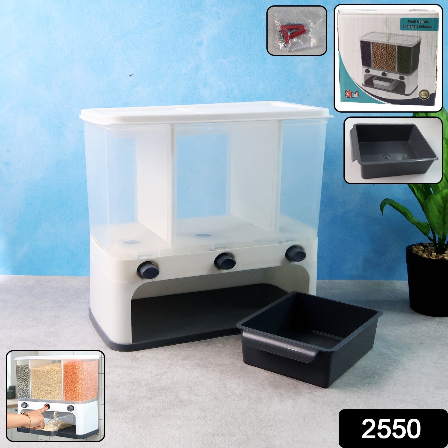 Easy Flow Cereal Dispenser for Kitchen 3 in 1 Push Button Wall Mount Container Your Brand
