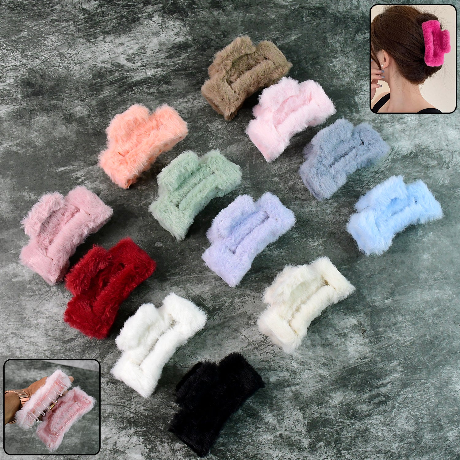 Big-Size Soft Faux Fur Hair Claw Clips (12 Pc) signaturekarts