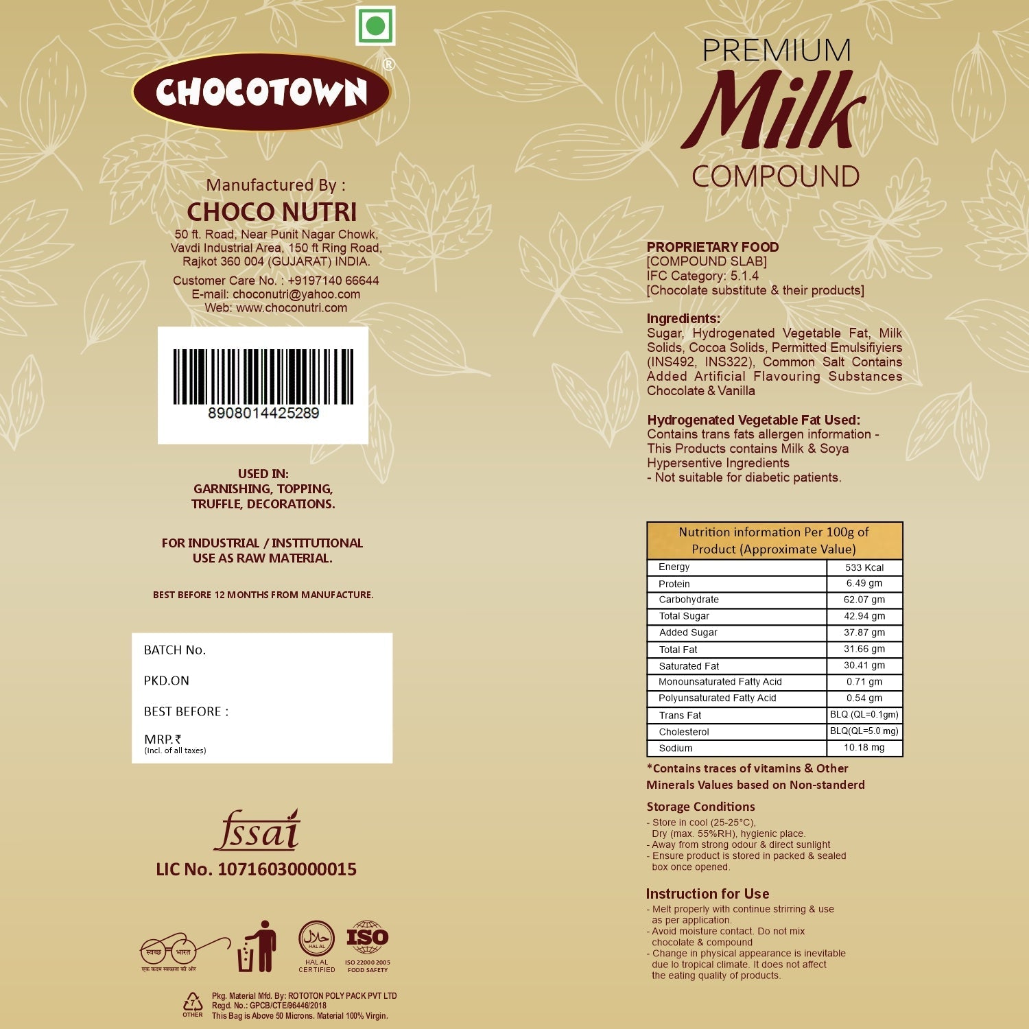 Chocotown Premium Milk Compound Slab (500 gm) Signaturekarts