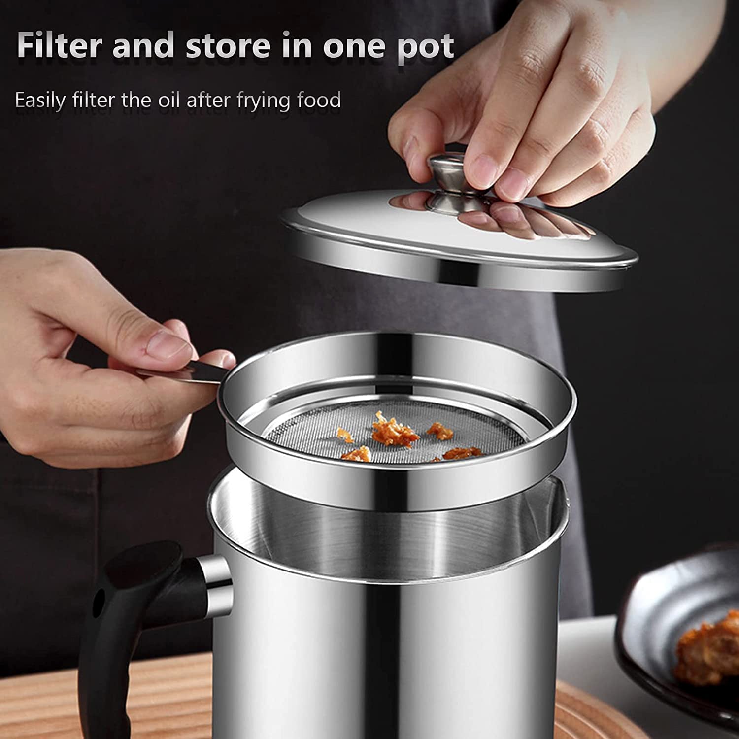 Stainless Steel Oil Strainer Pot with Lid and Filter Mesh (1 Set) signaturekarts