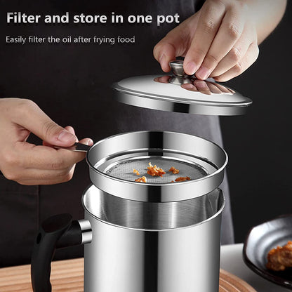 Stainless Steel Oil Strainer Pot with Lid and Filter Mesh (1 Set) signaturekarts