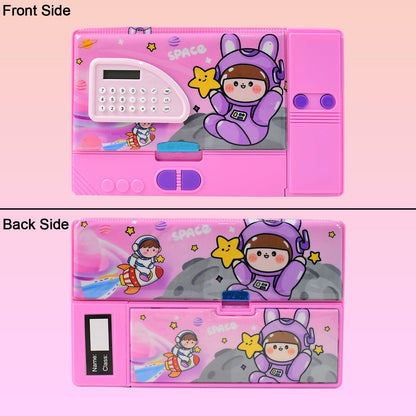 Multi-Functional Space Theme Pencil Box with Built-in Calculator (1 Pc) signaturekarts