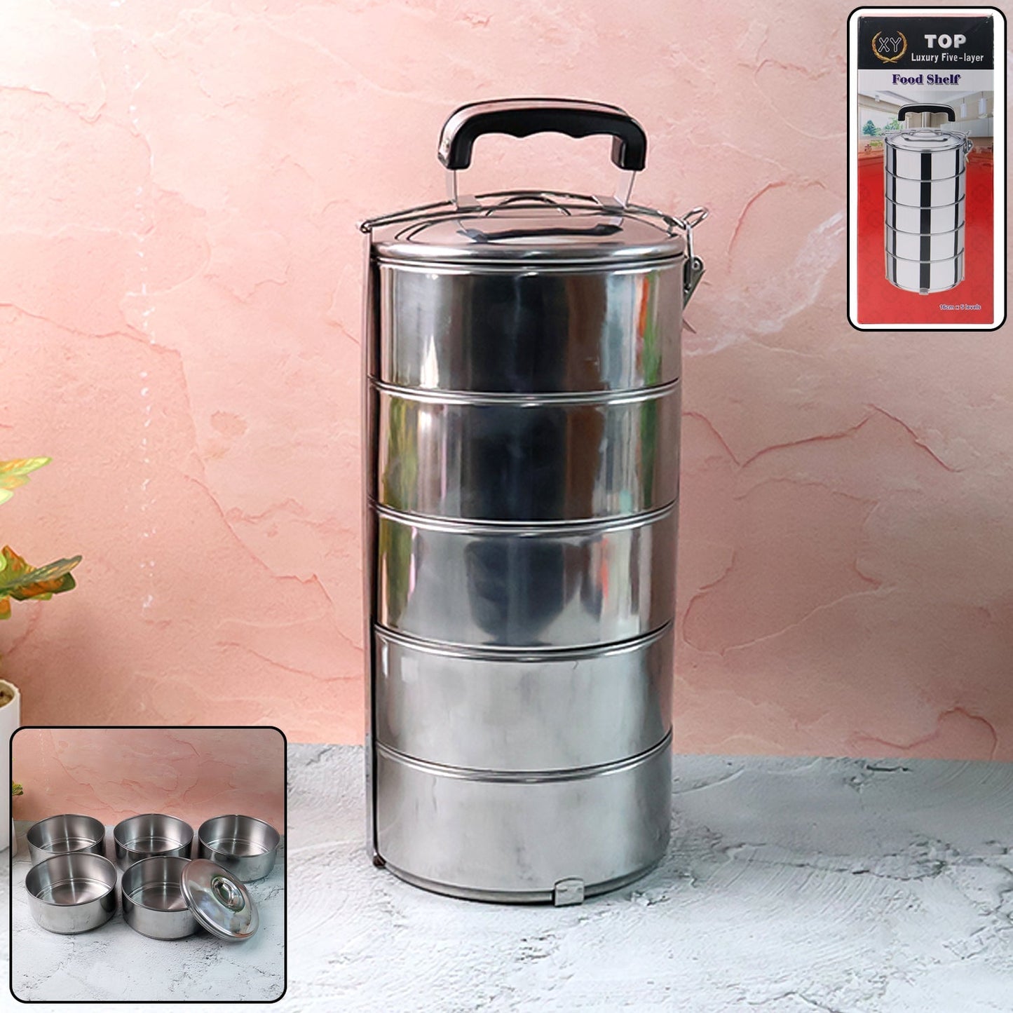 5 Compartment Lunch Box (Stainless Steel): Round Tiffin, Leakproof (16x5") signaturekarts