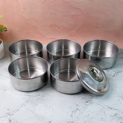 5 Compartment Lunch Box (Stainless Steel): Round Tiffin, Leakproof (16x5") signaturekarts