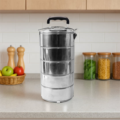 5 Compartment Lunch Box (Stainless Steel): Round Tiffin, Leakproof (16x5") signaturekarts