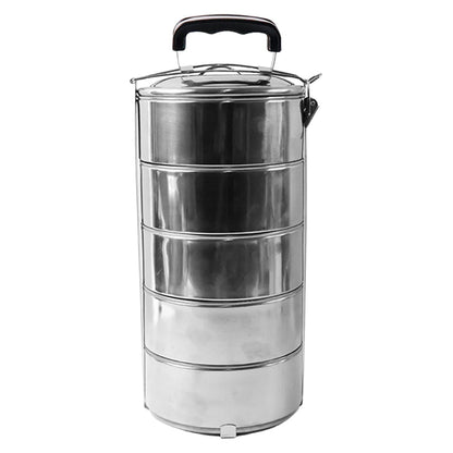 5 Compartment Lunch Box (Stainless Steel): Round Tiffin, Leakproof (16x5") signaturekarts