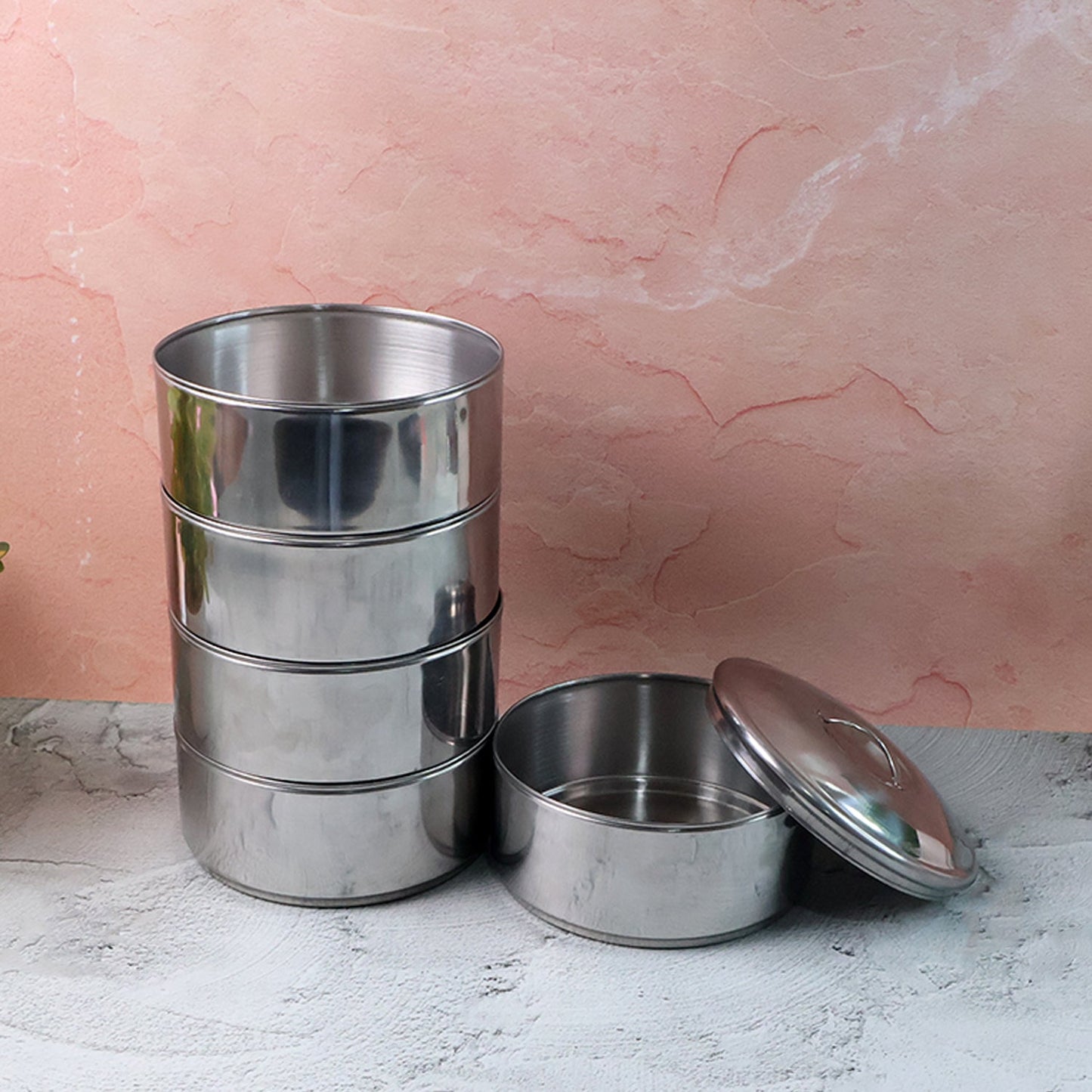 5 Compartment Lunch Box (Stainless Steel): Round Tiffin, Leakproof (16x5") signaturekarts