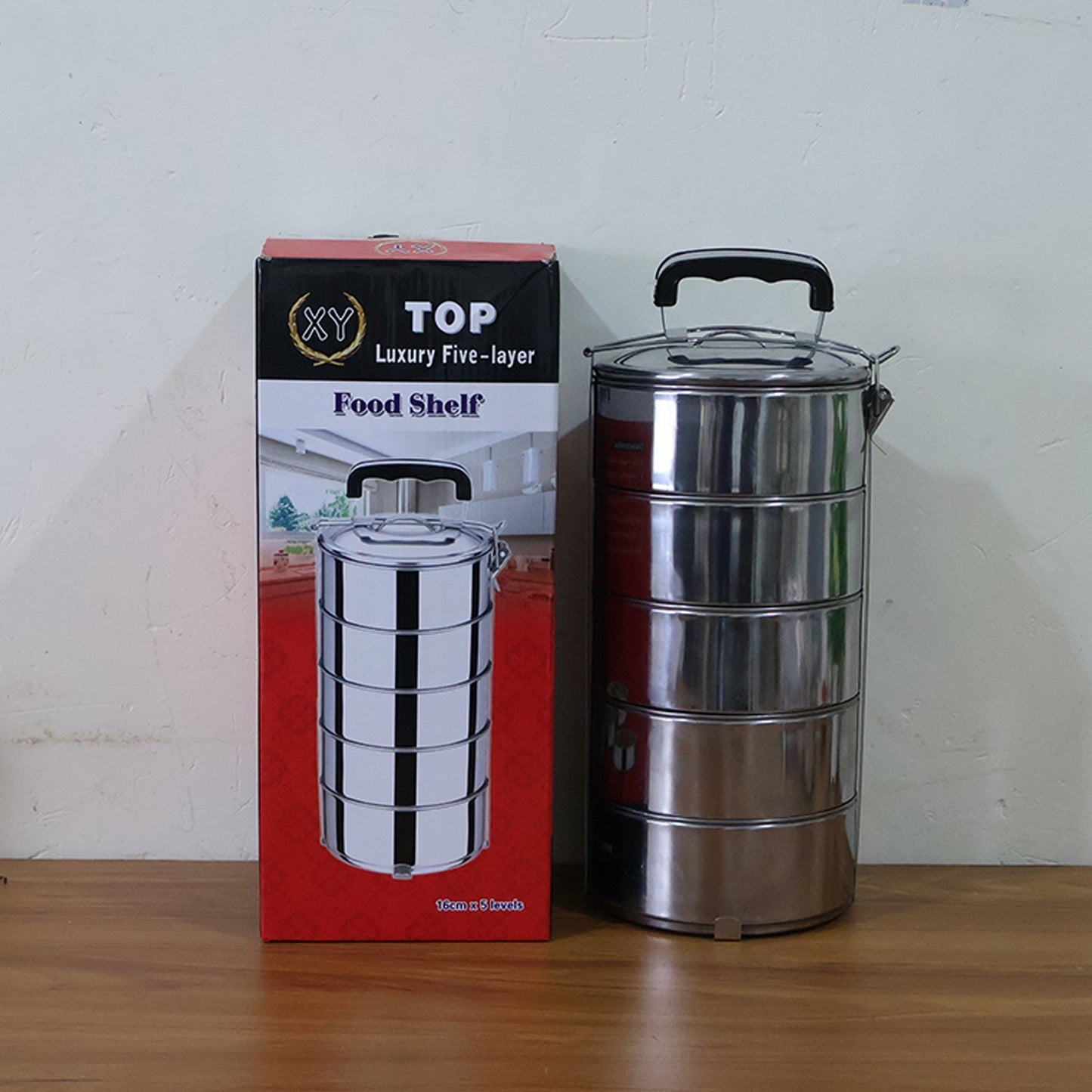 5 Compartment Lunch Box (Stainless Steel): Round Tiffin, Leakproof (16x5") signaturekarts