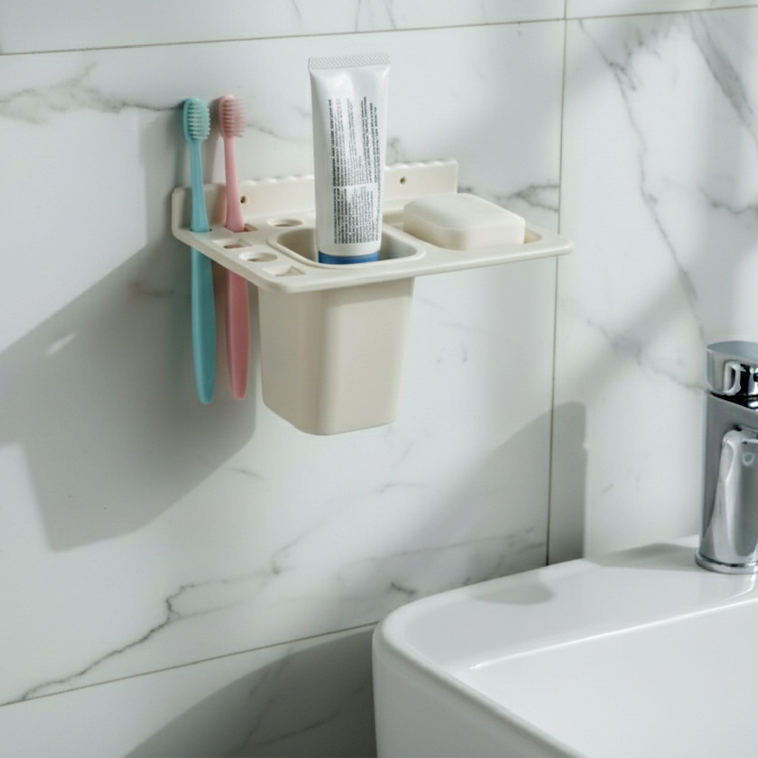 3in1 Wall Mounted Multi-Compartment Toothbrush & Soap Holder with Cup (1 Pc) signaturekarts