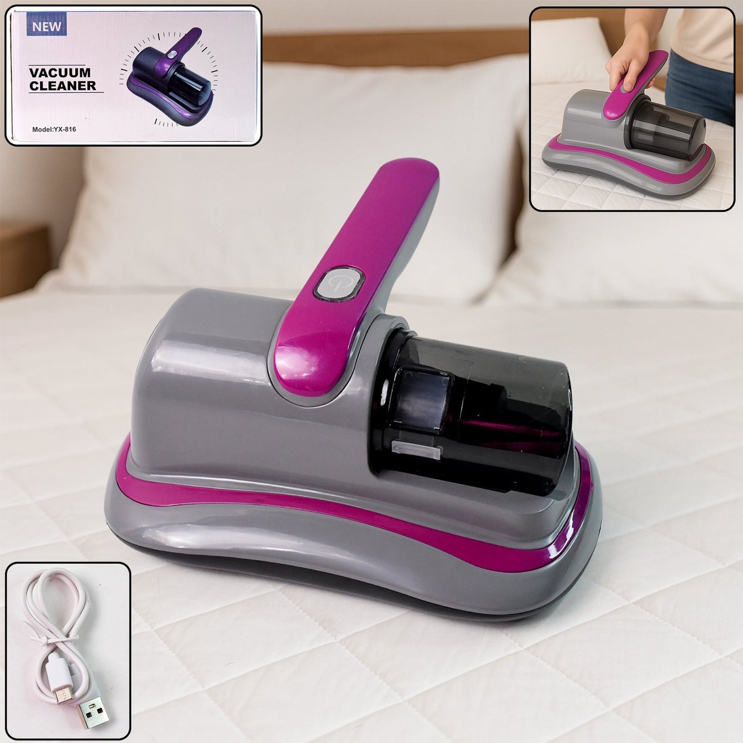 Powerful Suction Portable Handheld Vacuum Cleaner - Low Noise Vacuum Cleaner for Bed - Cordless Vacuum Cleaner for Car Seat Crevices Pillows, Mattresses, Sofas Wireless Anti Dust and Mite Cleaner signaturekarts