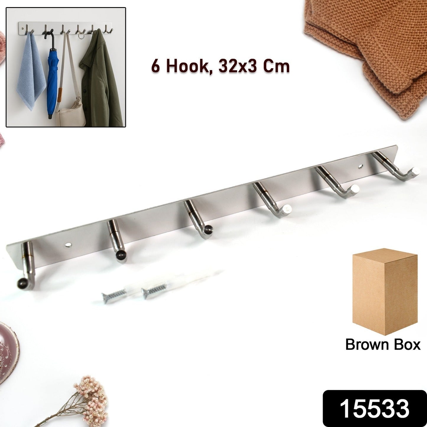 Stainless Steel Wall Mounted Coat 6 Hook Rack (32x3 / 1Pc) Signature kart