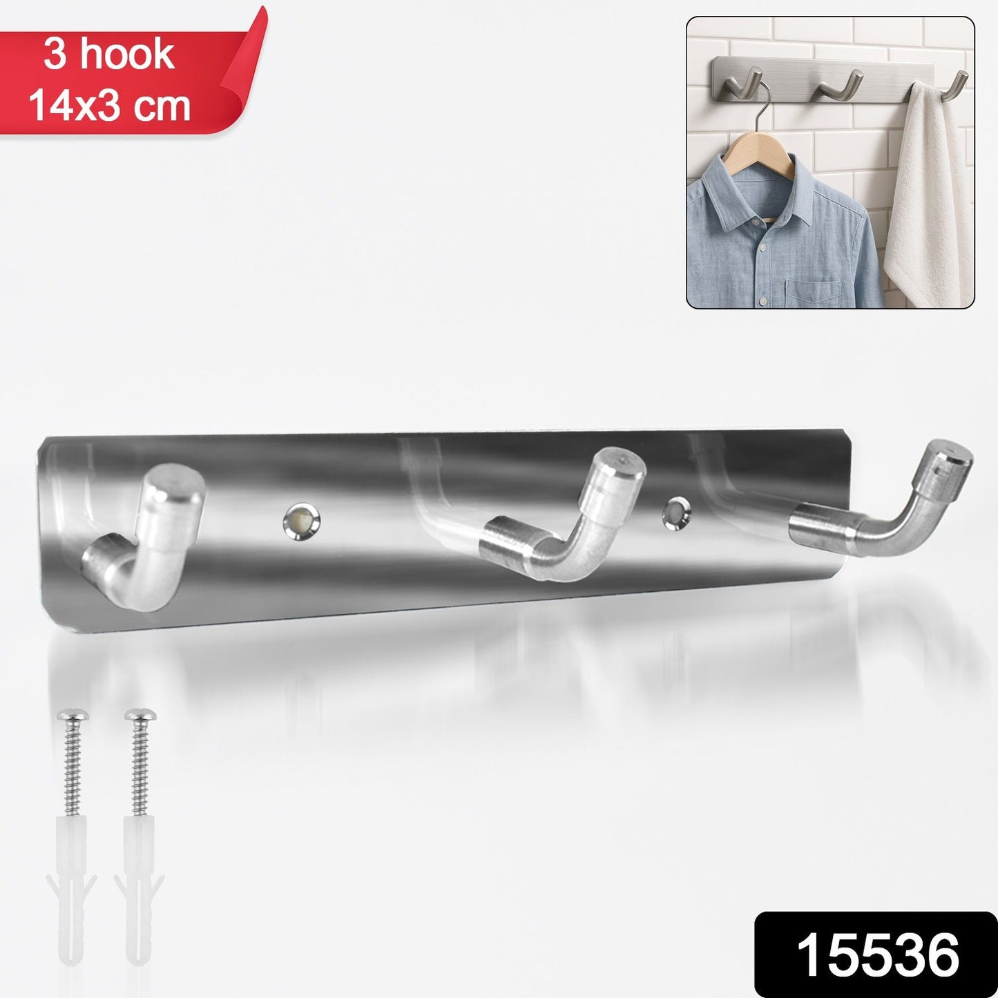 Stainless Steel Wall Mounted Coat 3 Hook Rack (14x3 / 1 Pc) Signature kart