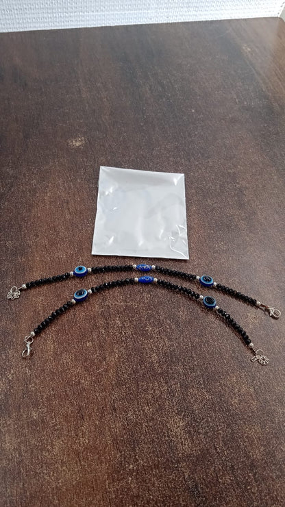 Adjustable Black Bead Evil Eye Protection Bracelet Set (2 Pc) Signature Kart