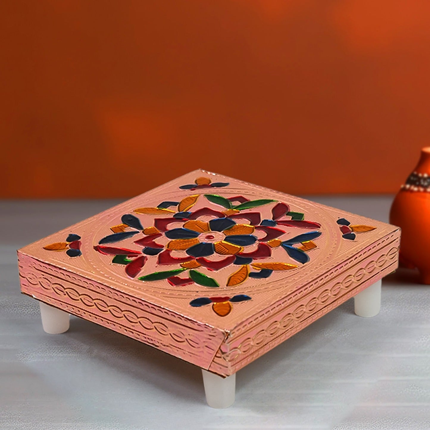 1 Pc Meenakari Wooden Chowki & Bajot Set: For Home & Office Puja (Multicolor) signaturekarts