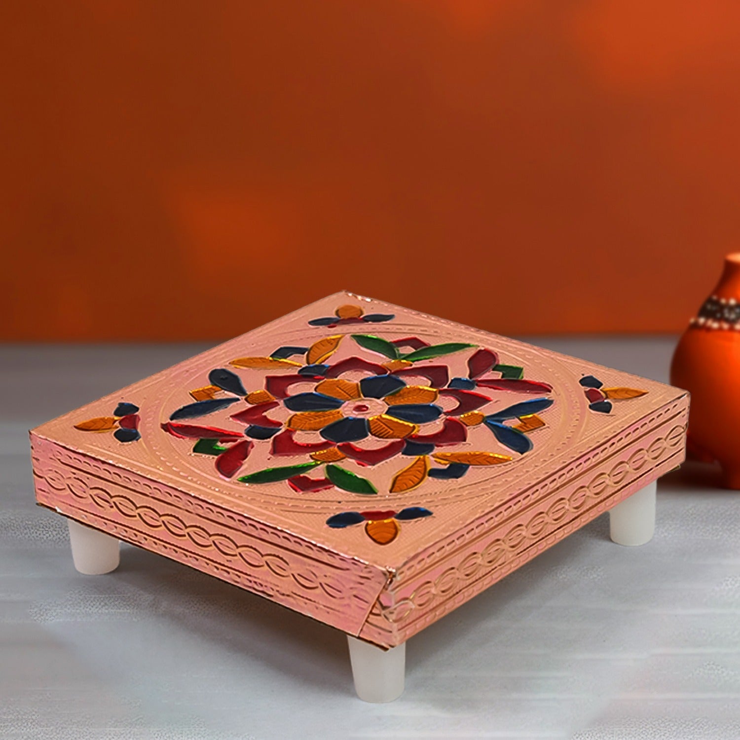 1 Pc Meenakari Wooden Chowki & Bajot Set: For Home & Office Puja (Multicolor) signaturekarts