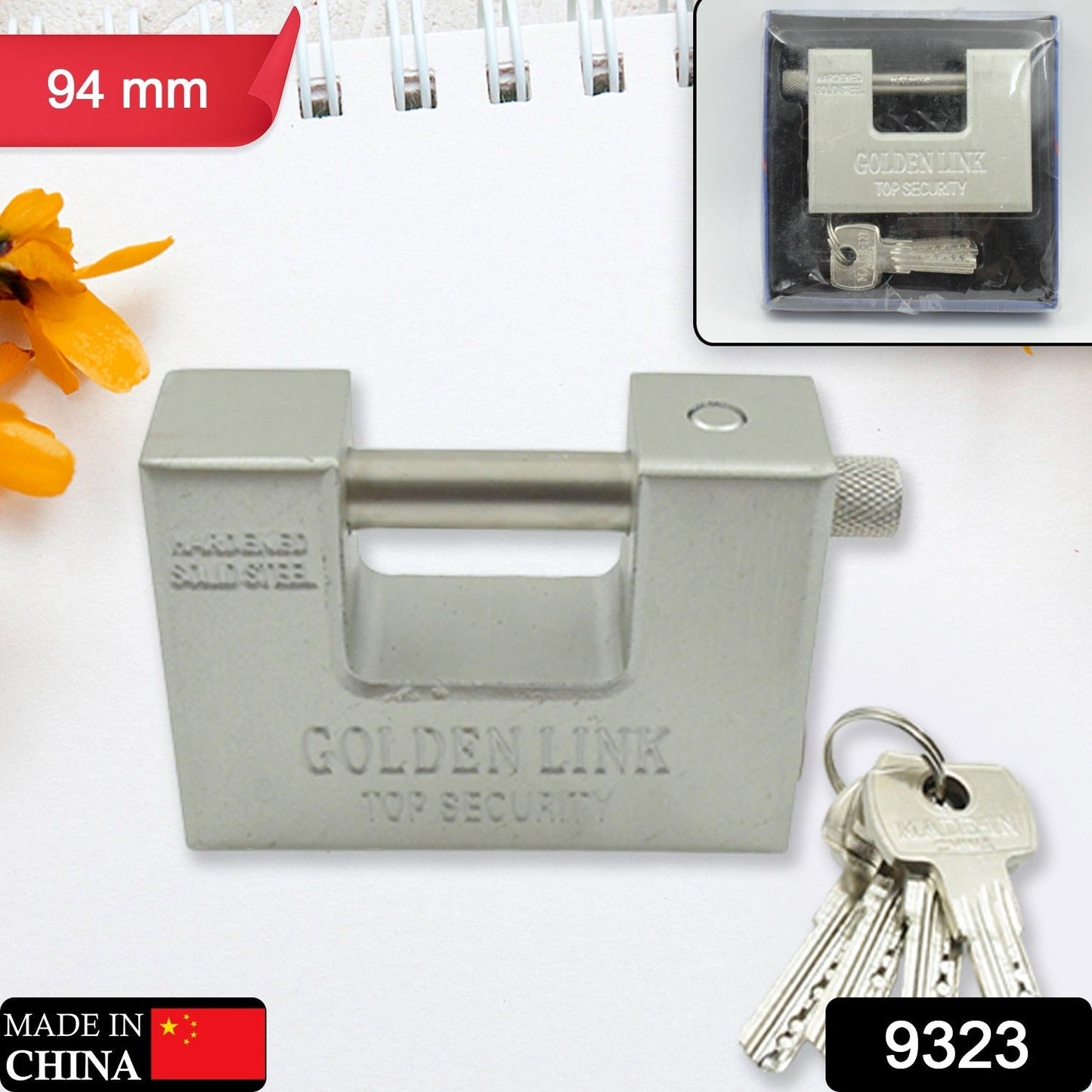 94mm Stainless Steel Padlock: Rectangular, Hardened Steel, 5 Keys signaturekarts