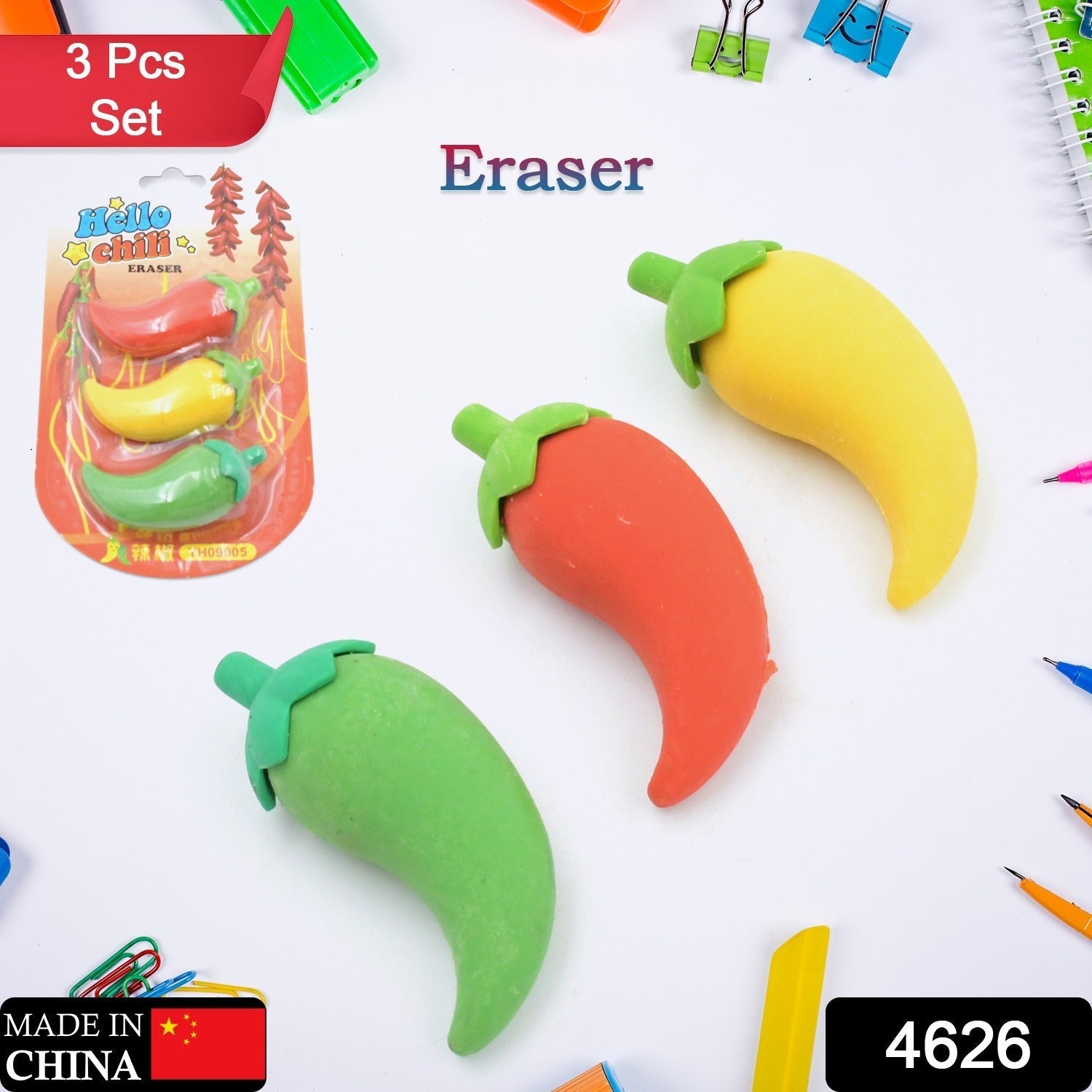 3D Fancy Colorful Chili Shape Erasers – Mini Novelty Eraser Set (3 Pc) signaturekarts
