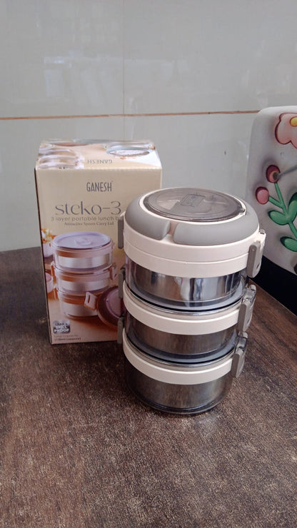 Ganesh Steko-3 Triple Layer Stainless Steel Insulated Lunch Box Set Signature kart