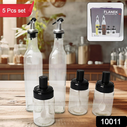 Transparent Glass Oil Dispenser 500 ML Bottle Set of 2, Spice Jar 250 ML Set of 3, Oil Bottle for Kitchen, Oil & Vinegar Storage Glass Bottle, Glass Container for Spice, Masala (5 Pcs Set) signaturekarts