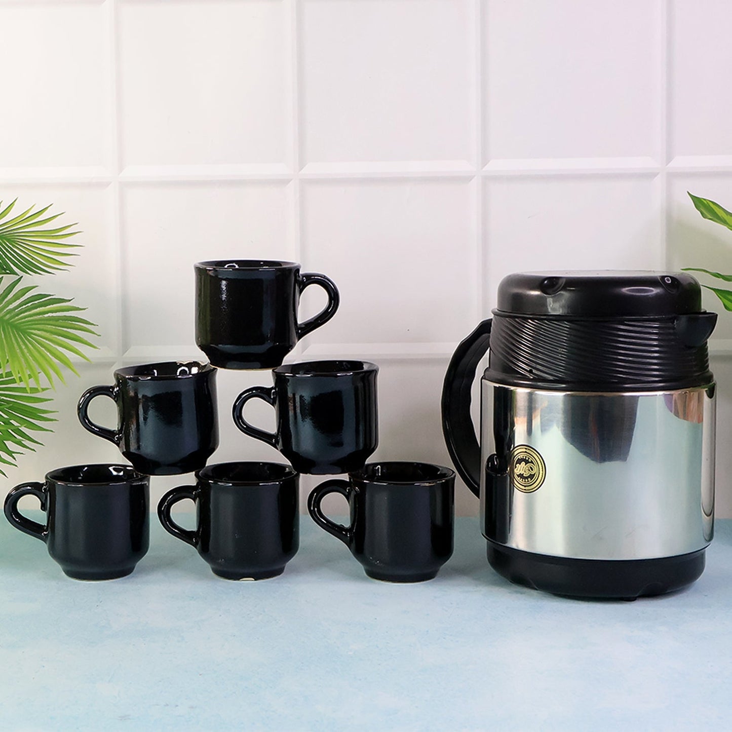 Tea and Coffee Thermos Flask and 6 Ceramic Cups (1 Set) signaturekarts