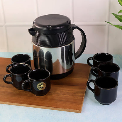 Tea and Coffee Thermos Flask and 6 Ceramic Cups (1 Set) signaturekarts