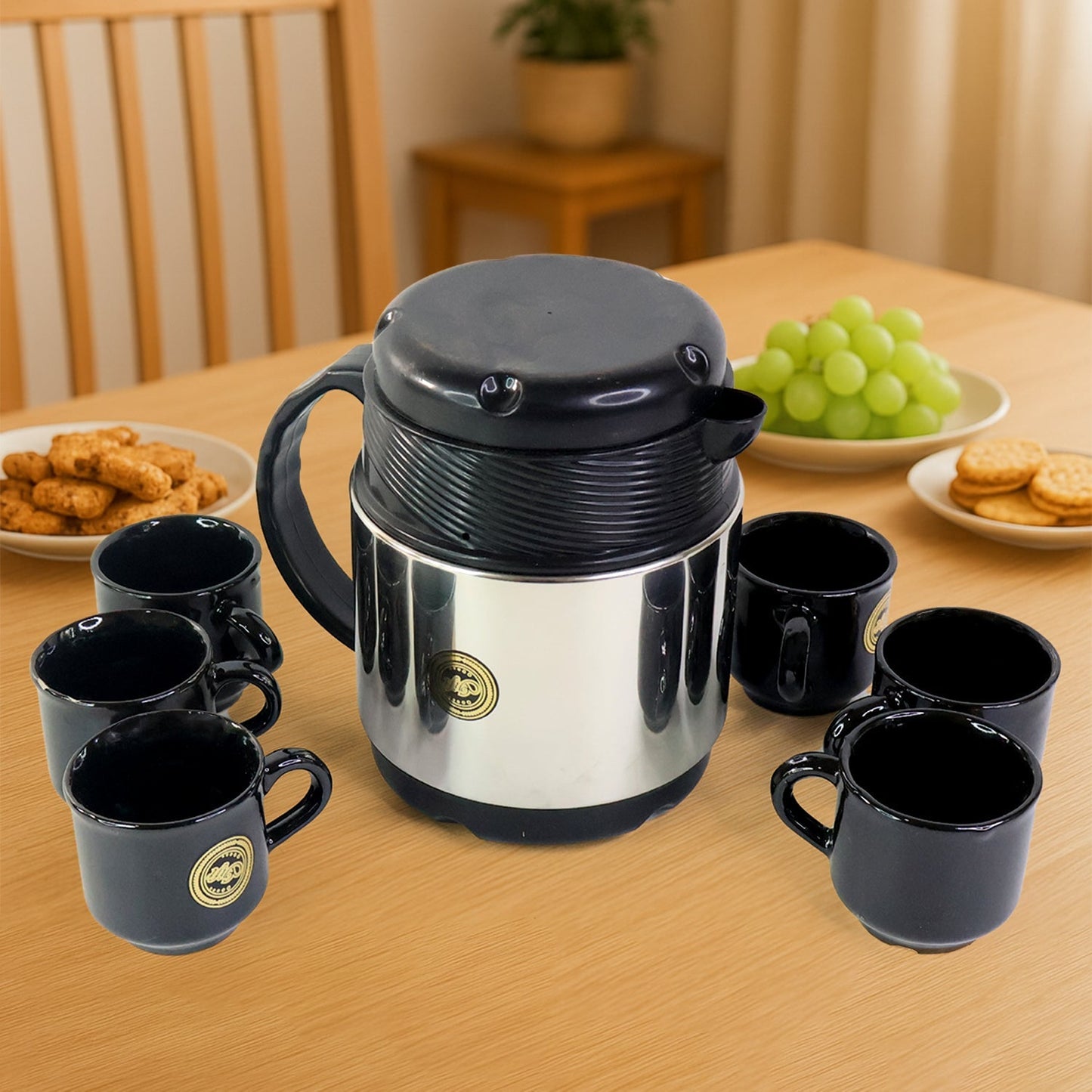 Tea and Coffee Thermos Flask and 6 Ceramic Cups (1 Set) signaturekarts
