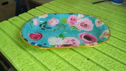 Medium Plastic Flower Printed Design Serving Tray (1 Pc / 31 x 21 CM / Mix Color) signaturekarts