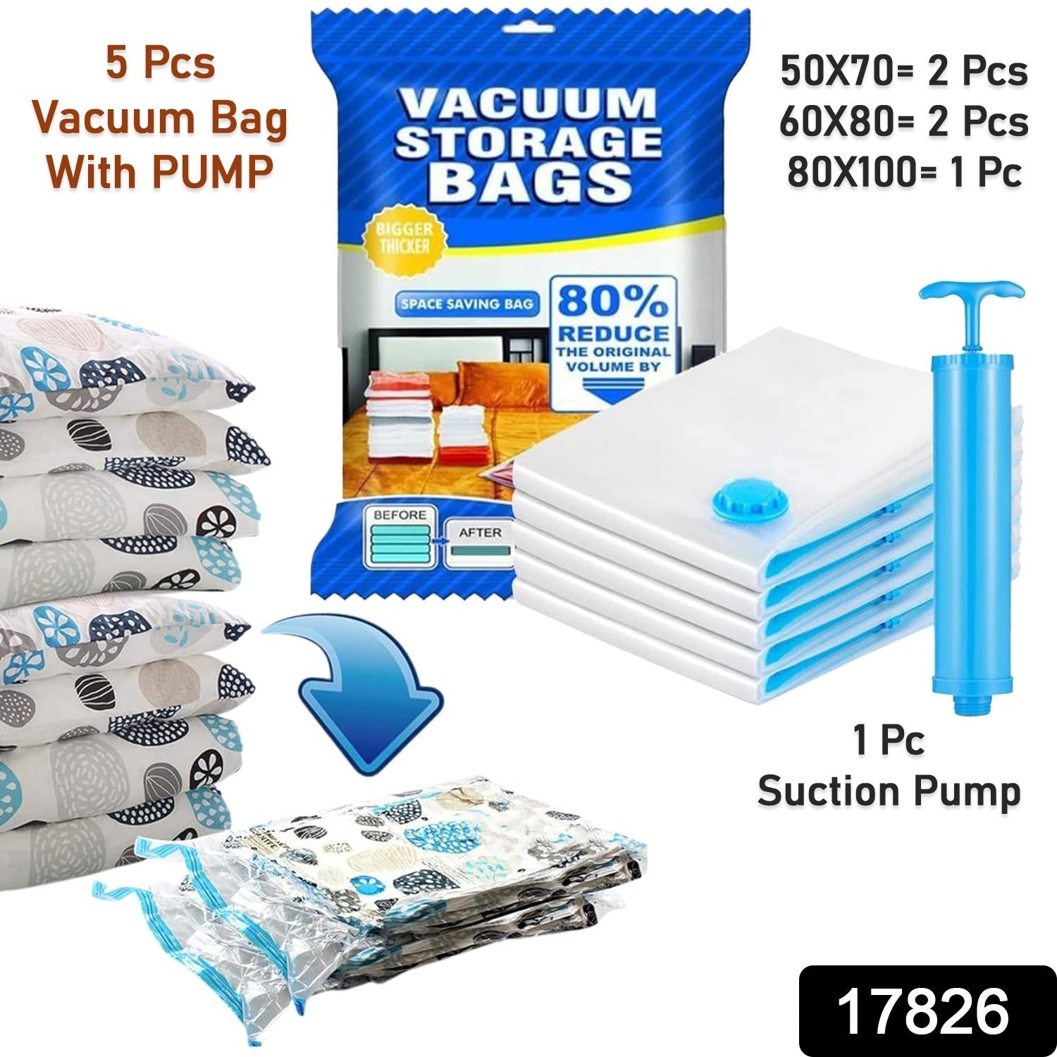 Vacuum Storage Bags with Suction Pump & Shirt clips - Vacuum Bags - Big Capacity Vacuum Seal Bags for Travel Clothes Blankets Pillows, Compression Bags | Space Saver Vacuum Storage Bags (5 Pcs Set) Signature Kart