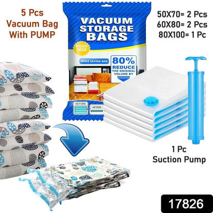 Vacuum Storage Bags with Suction Pump & Shirt clips - Vacuum Bags - Big Capacity Vacuum Seal Bags for Travel Clothes Blankets Pillows, Compression Bags | Space Saver Vacuum Storage Bags (5 Pcs Set) Signature Kart