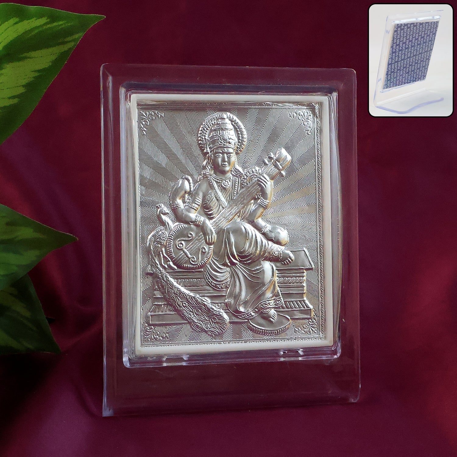 Elegant Silver Saraswati Maa Photo Frame with Stand (1 Pc) signaturekarts