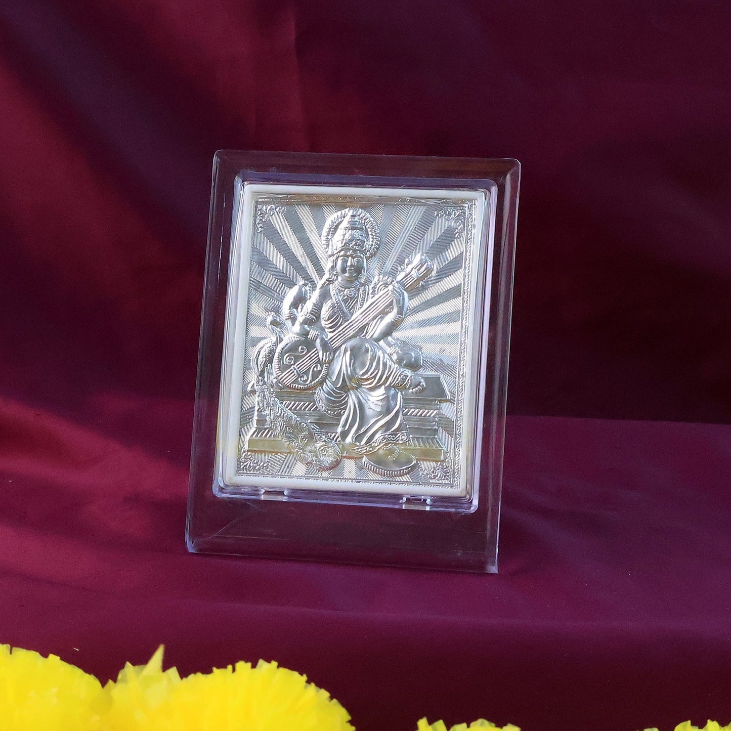 Elegant Silver Saraswati Maa Photo Frame with Stand (1 Pc) signaturekarts