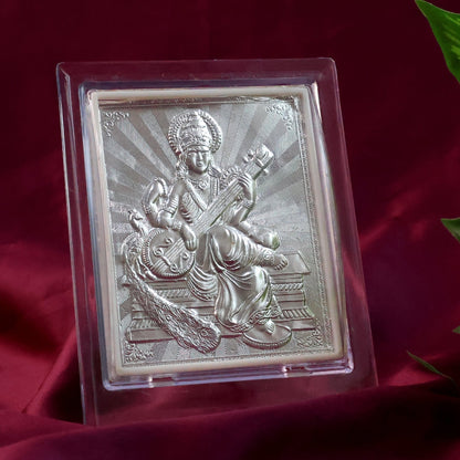 Elegant Silver Saraswati Maa Photo Frame with Stand (1 Pc) signaturekarts