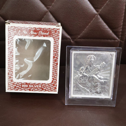 Elegant Silver Saraswati Maa Photo Frame with Stand (1 Pc) signaturekarts
