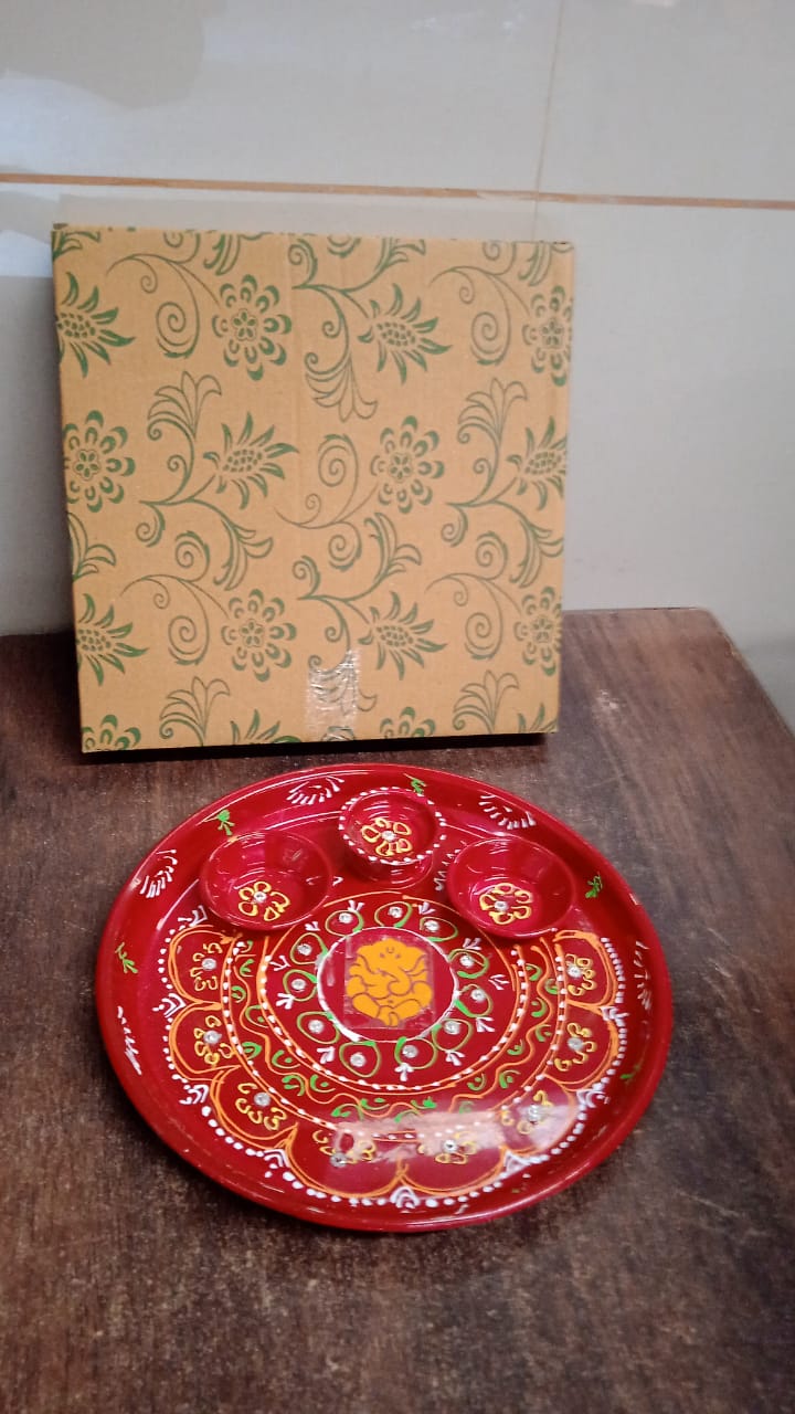 Hand-Painted Decorative Pooja Thali with Ganesha Motif and Diyas Signature kart