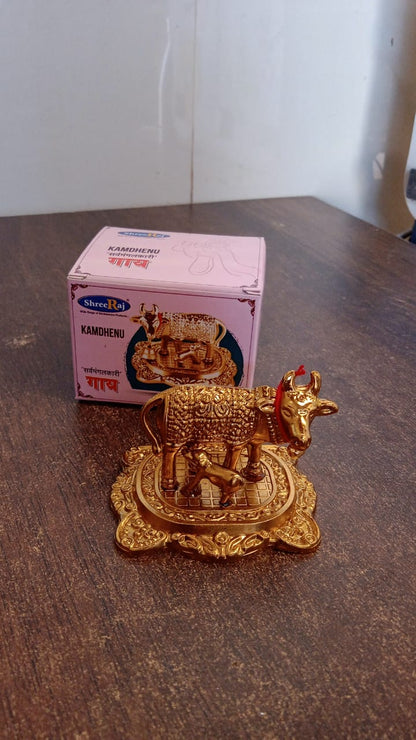 Metal Golden Kamdhenu Cow with Calf (1 Pc) Signature kart