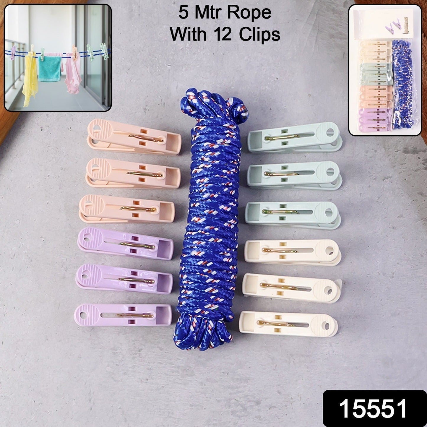 Clothesline Rope 12 Clips – 5 Meter Approx Heavy Duty Laundry Drying Rope with Clip signaturekarts
