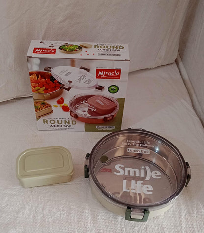 Miracle Stainless Steel Round Lunch Box, with Small Plastic Box Insert Leak Proof Lunch Box with Transparent lid, Lunch Box for Kids & Adults for School, Office (450 ML + 250 ML Approx) signaturekarts