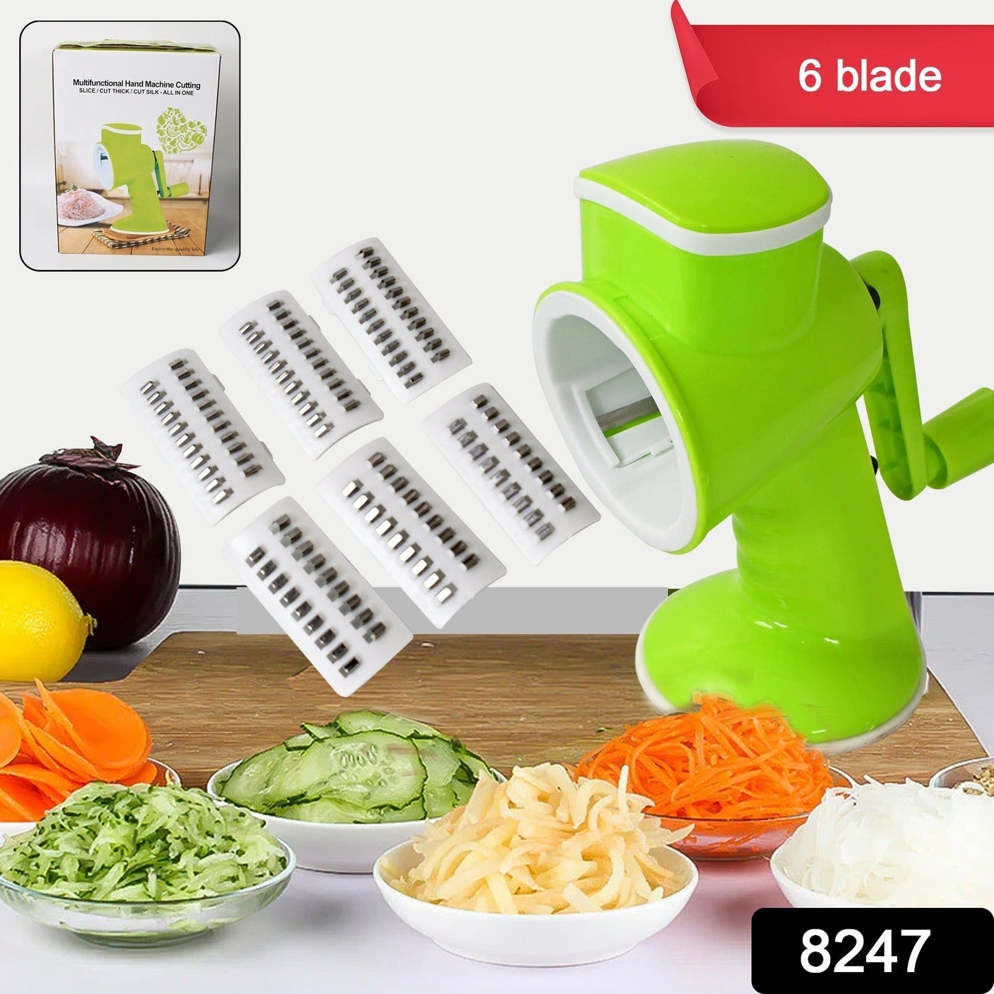 6 in 1 Multi functional Vegetable Cutter & Slicer Hand Machine Cutting, Slice, Cut Thick, Cut Silk All in one –Vegetable Chopper Cutter & Slicing Cutter Barrel - Vegetable Grater with 6 Removable Blades signaturekarts
