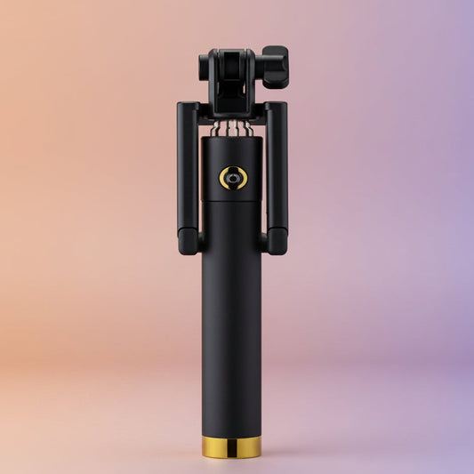 Compact selfie stick for smartphones with aux wire.