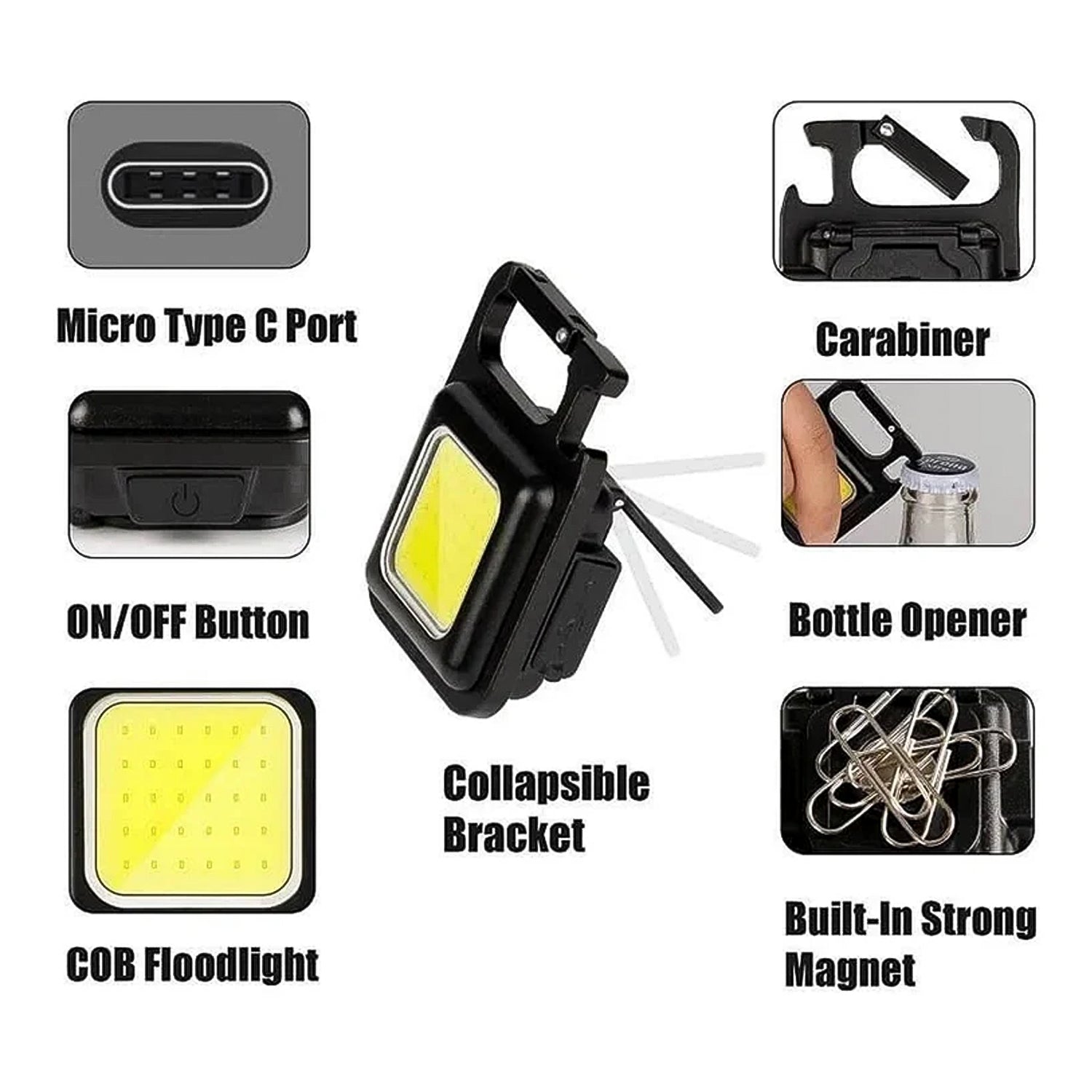 Mini Rechargeable Keychain Flashlight - 4 Light Modes Folding Bracket & Magnetic Base signaturekarts