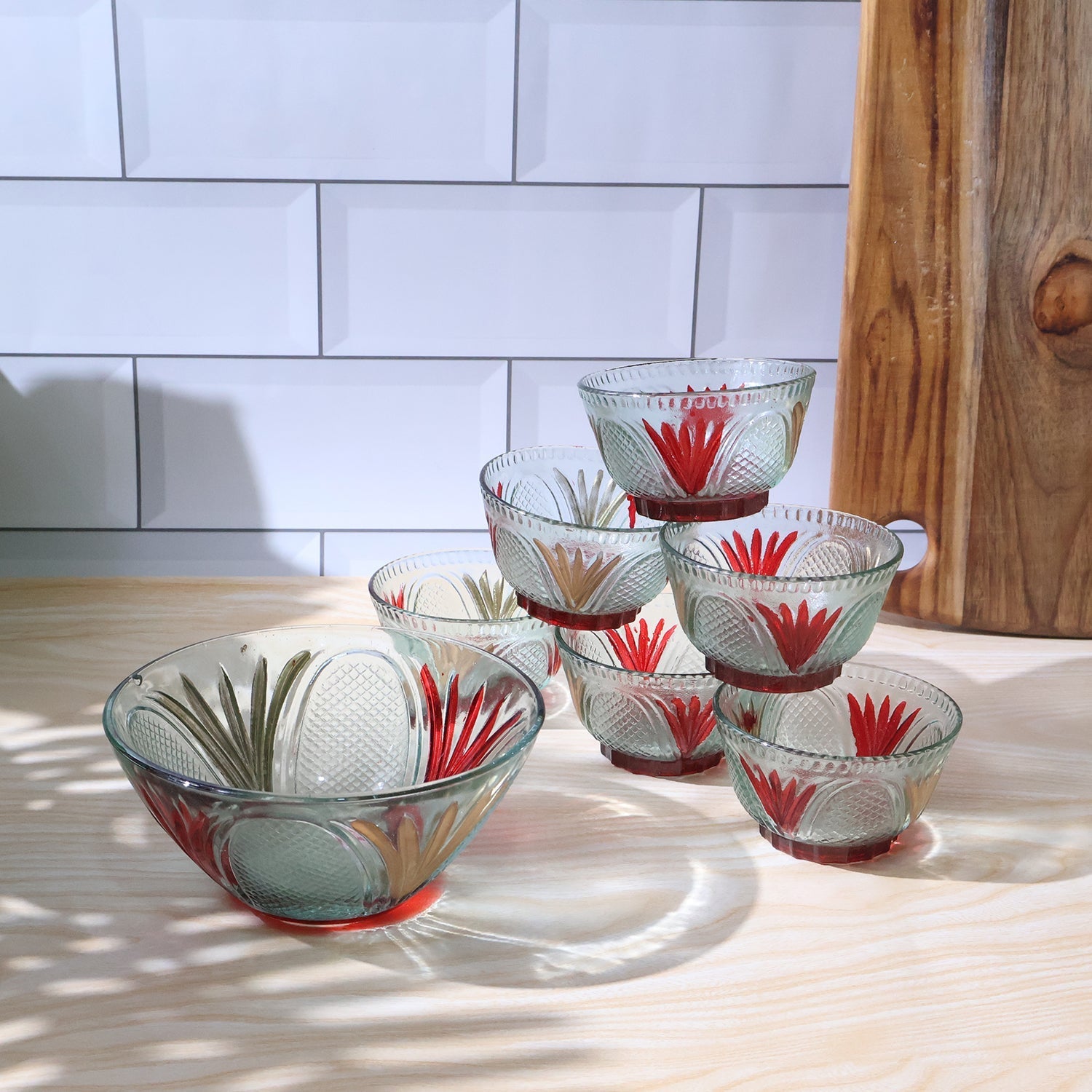 Rose glass Multipurpose Pudding / Dessert / Ice Cream Bowl Set for Home use, Home & Kitchen Serving Bowl for Sundae, Sweets, Snacks, Fruit, Pudding, Nuts or Dip, Serving Bowls 6 Medium & 1 Big Bowl (Set of 7 pc) signaturekarts