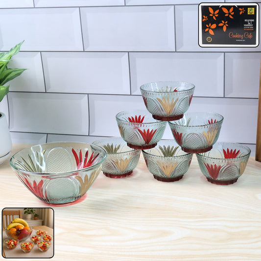Rose glass Multipurpose Pudding / Dessert / Ice Cream Bowl Set for Home use, Home & Kitchen Serving Bowl for Sundae, Sweets, Snacks, Fruit, Pudding, Nuts or Dip, Serving Bowls 6 Medium & 1 Big Bowl (Set of 7 pc) signaturekarts