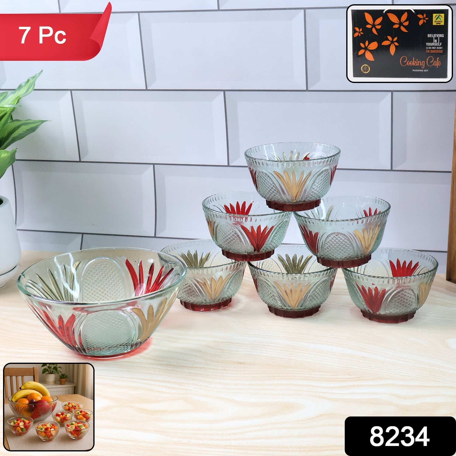 Rose glass Multipurpose Pudding / Dessert / Ice Cream Bowl Set for Home use, Home & Kitchen Serving Bowl for Sundae, Sweets, Snacks, Fruit, Pudding, Nuts or Dip, Serving Bowls 6 Medium & 1 Big Bowl (Set of 7 pc) signaturekarts